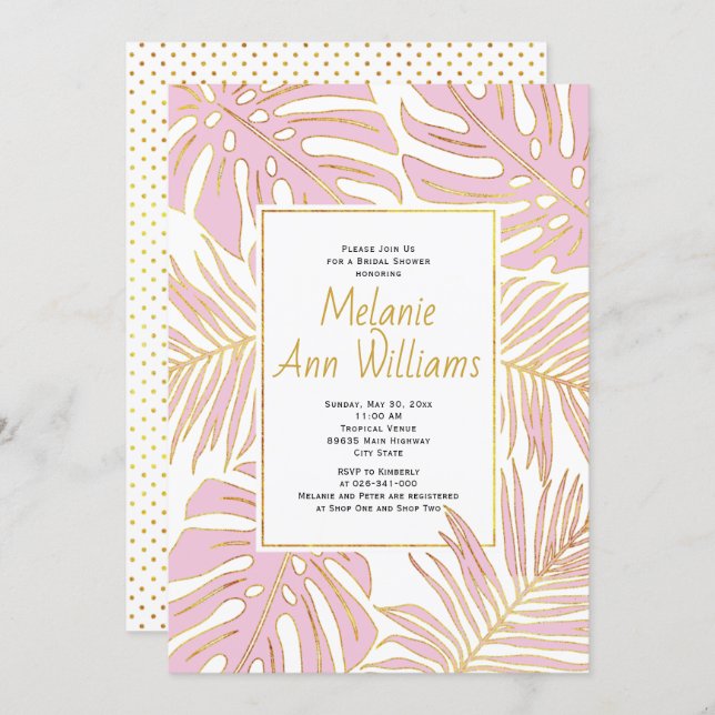 Pink tropical leaves wedding bridal shower invitation (Front/Back)