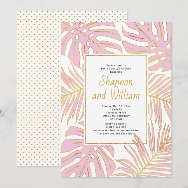 Pink tropical leaves wedding couple's shower invitation (Front/Back)