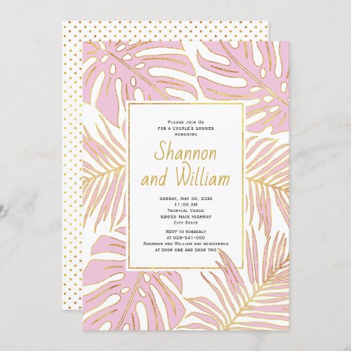 Pink tropical leaves wedding couples shower invitation