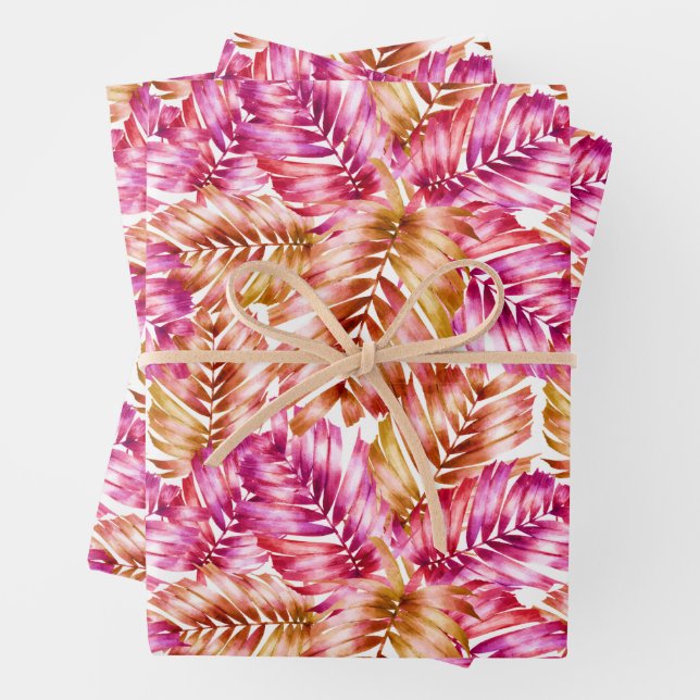 Pink Tropical Leaves Wrapping Paper Sheets (In situ)