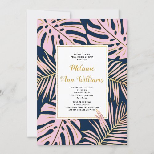 Pink tropical leavesn navy wedding bridal shower invitation