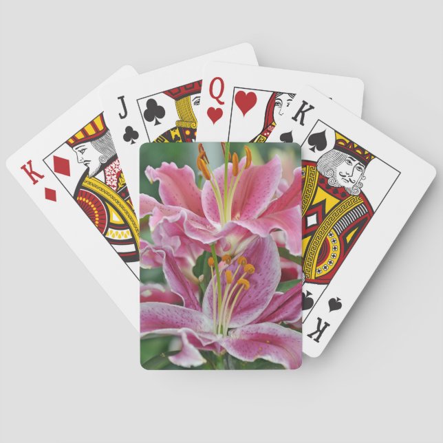 Pink tropical lily flowers poker cards (Back)