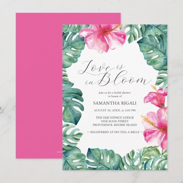Pink Tropical Love Is In Bloom Bridal Shower Invitation (Front/Back)