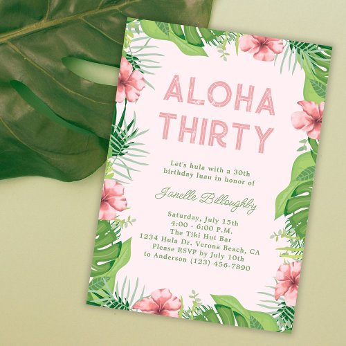 Pink Tropical Luau Aloha Birthday Party Invitation