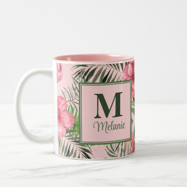 Pink Tropical Monstera and Flamingo Monogram Two-Tone Coffee Mug (Left)