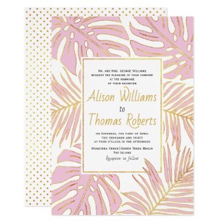 Pink tropical monstera and palm leaves wedding invitation