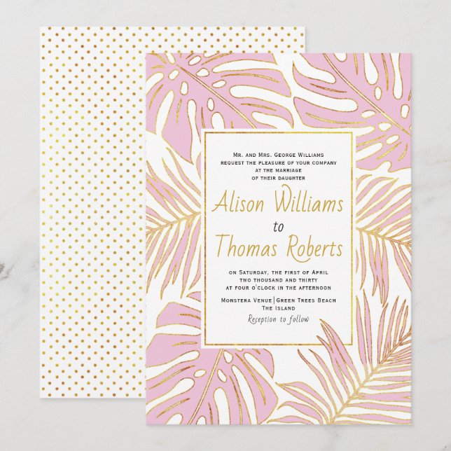Pink tropical monstera and palm leaves wedding invitation (Front/Back)