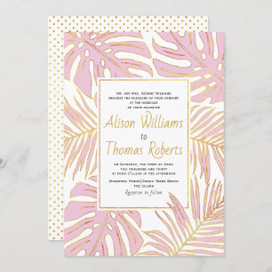 Pink tropical monstera and palm leaves wedding invitation