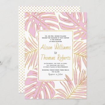 Pink Tropical Monstera And Palm Leaves Wedding Invitation by weddings_ at Zazzle