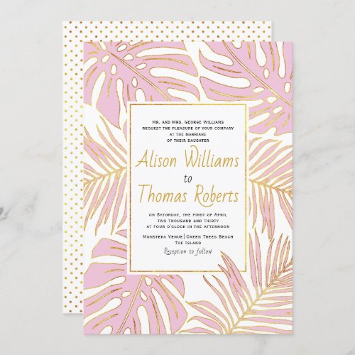 Pink tropical monstera and palm leaves wedding invitation