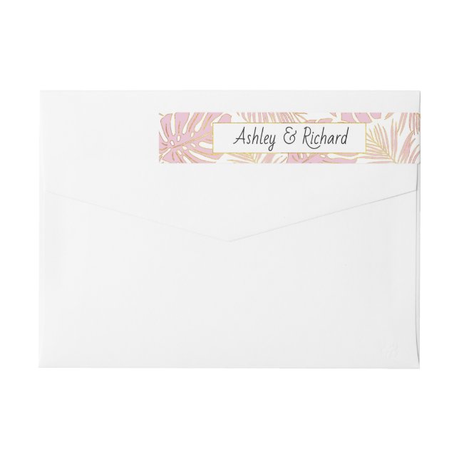 Pink tropical monstera and palm leaves wedding wrap around label (Back)