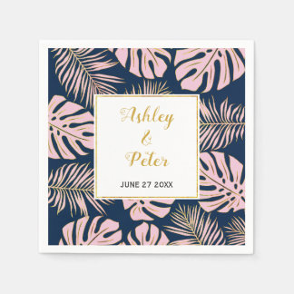 Pink tropical monstera, palm leaves navy wedding napkins