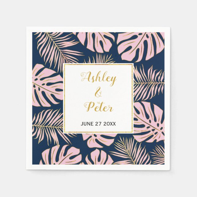 Pink tropical monstera, palm leaves navy wedding napkins (Front)