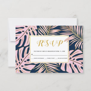 Pink Tropical monstera, palm leaves navy wedding RSVP Card