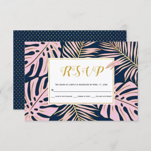 Pink Tropical monstera palm leaves navy wedding RSVP Card