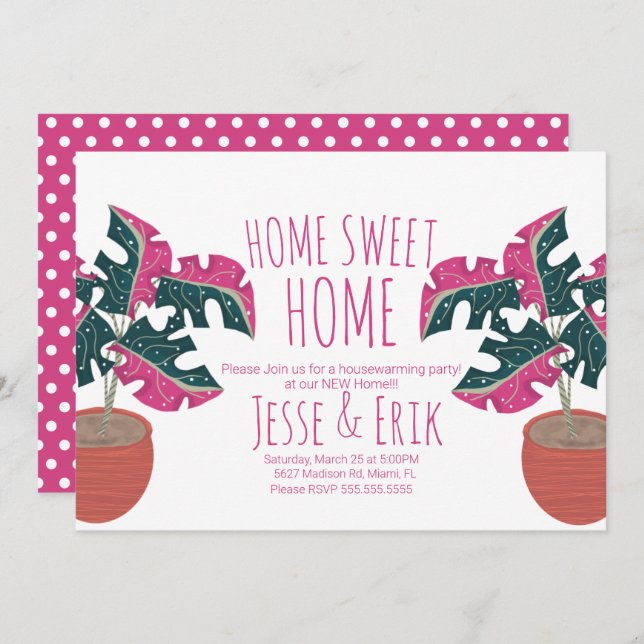 Pink Tropical Monstera Tree Housewarming Party Invitation (Front/Back)