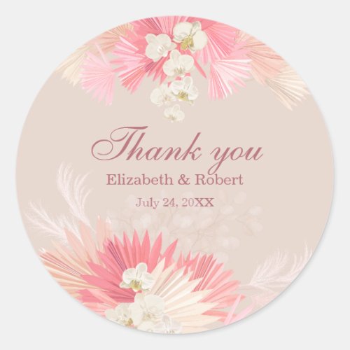 Pink Tropical Orchid Wedding Thank You Sticker