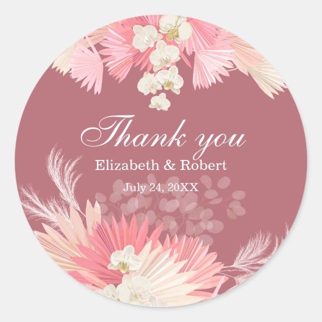 Pink Tropical Orchid Wedding Thank You Sticker (Front)