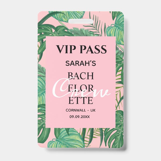 Pink Tropical Palm Bachelorette Party VIP Pass  Badge (Front)