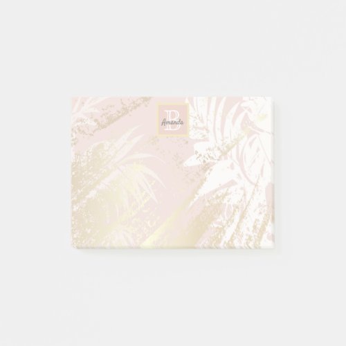 Pink tropical palm foliage gold monogram post_it notes