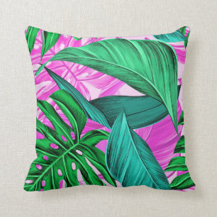 Pink Tropical Palm Leaf Throw Pillow