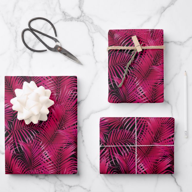 Pink Tropical Palm Leaves on Black Wrapping Paper Sheets (Front)
