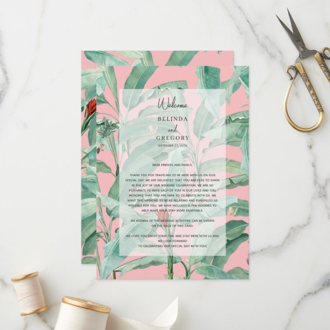 Pink Tropical Palm Leaves Wedding Itinerary  Program (Front/Back In Situ)