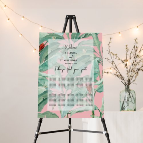 Pink Tropical Palm Leaves Wedding Seating Chart Foam Board