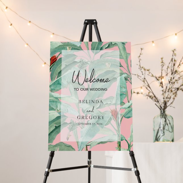 Pink Tropical Palm Leaves Wedding Welcome Foam Board (In Situ (Stand))
