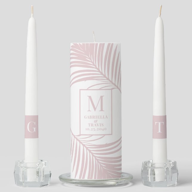 Pink Tropical Palm Monogram Names Beach Wedding Unity Candle Set (Front)