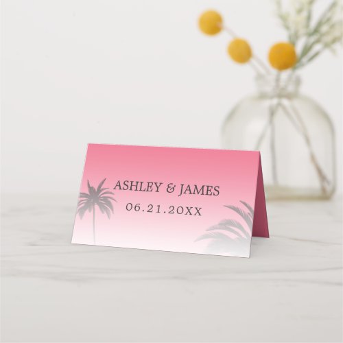 Pink Tropical Palm Tree Beach Wedding Place Card