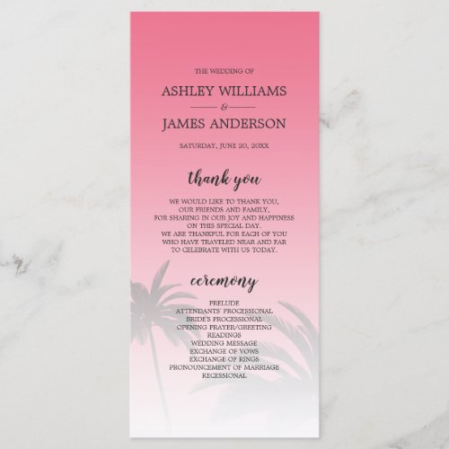 Pink Tropical Palm Tree Beach Wedding Program