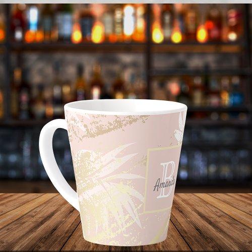 Pink tropical palm tree leaves gold monogram latte mug