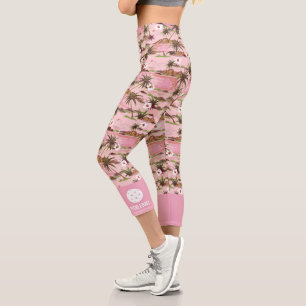Pink Tropical Palm Trees Custom Text Pickleball Capri Leggings