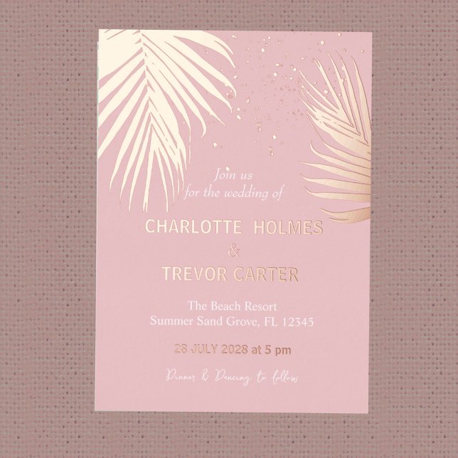 Pink Tropical Palms Summer Beach Wedding Gold Foil Invitation (Creator Uploaded)