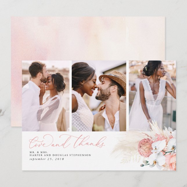 Pink Tropical Pampas Grass Wedding Thank You Card (Front/Back)