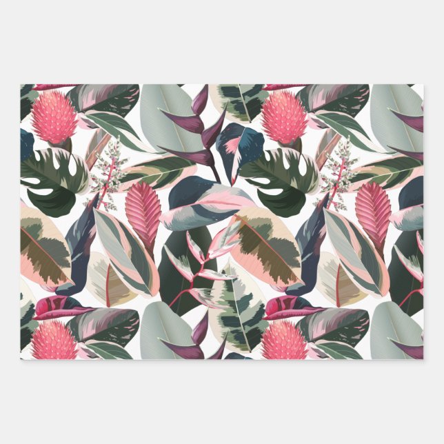 Pink Tropical Philodendron Houseplants Pattern Wrapping Paper Sheets (Front)