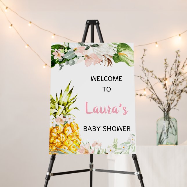 Pink Tropical Pineapple Baby Shower Welcome Sign (In Situ (Stand))