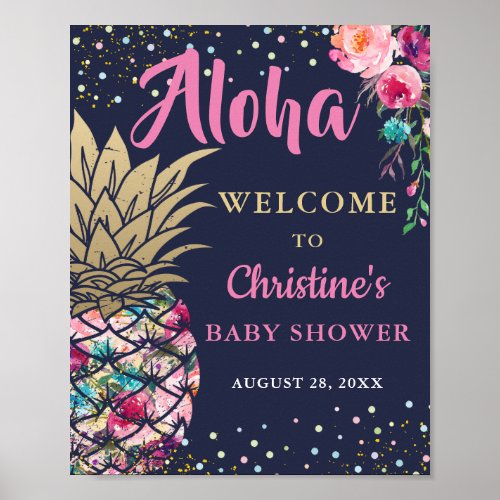Pink Tropical Pineapple Navy Blue Baby Shower Poster