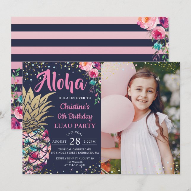 Pink Tropical Pineapple Navy Blue Birthday Photo Invitation (Front/Back)