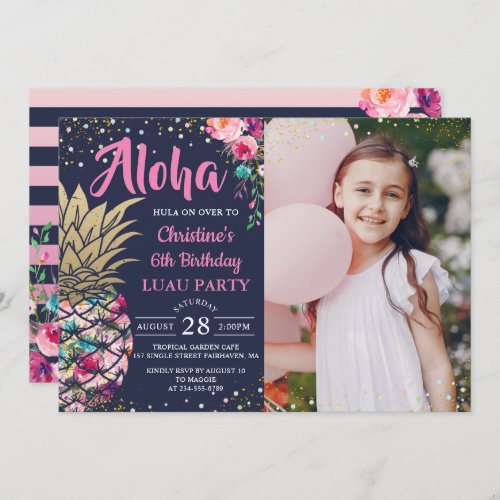 Pink Tropical Pineapple Navy Blue Birthday Photo Invitation