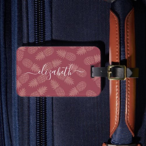 Pink tropical pineapple pattern custom script name luggage tag