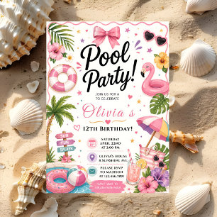 Pink Tropical Pool Party Invitation