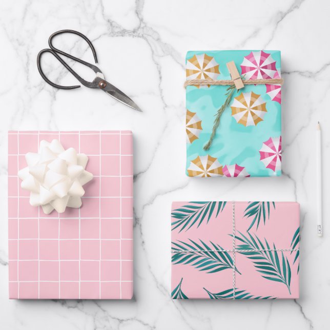 Pink Tropical Pool Party Wrapping Paper Sheets (Front)