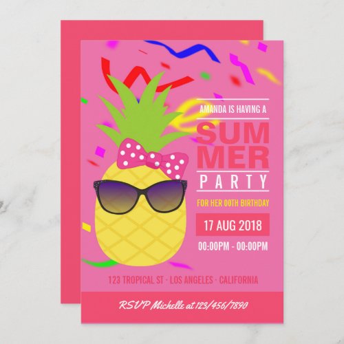 Pink Tropical Summer Girl Birthday Party Invite