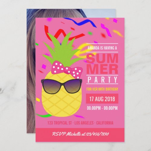 Pink Tropical Summer Girl Birthday Party photo Invitation