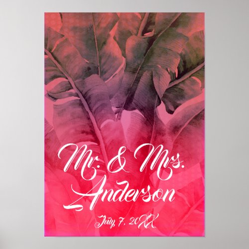 Pink Tropical Summer Palm Leaves Beach Wedding Poster
