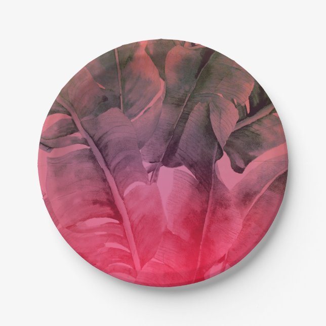 Pink Tropical Summer Palm Leaves Luau Party Paper Plates (Front)