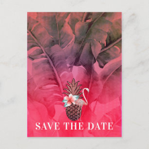 Pink Tropical Summer Palm Leaves Save the Date Announcement Postcard