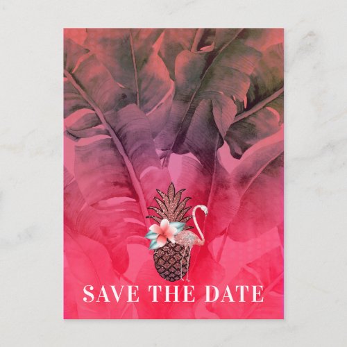 Pink Tropical Summer Palm Leaves Save the Date Announcement Postcard